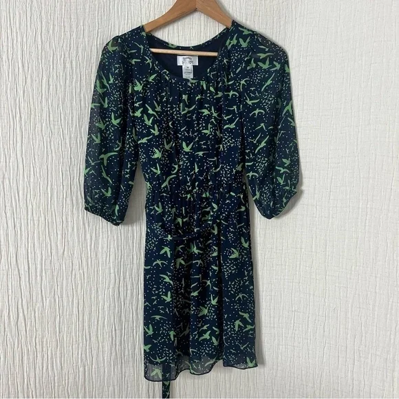 Sweet Storm Blue dove print mini dress belted 3/4 sleeve size M bird print - Picture 4 of 7